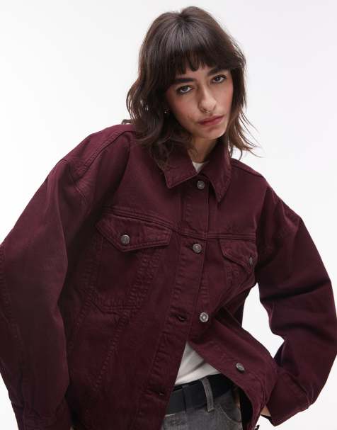 Topshop denim ranch jacket in burgundy - view 1