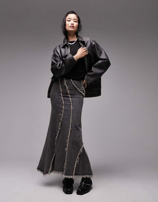 Topshop - Denim rok met fishtail en onafgewerkte naden in grijs