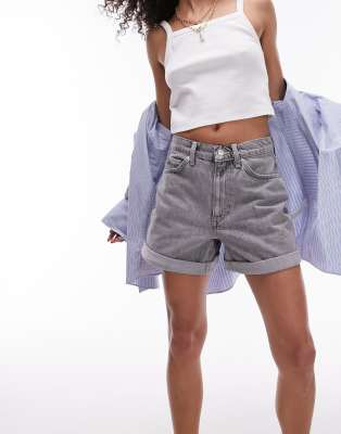 Topshop denim roll hem shorts in grey