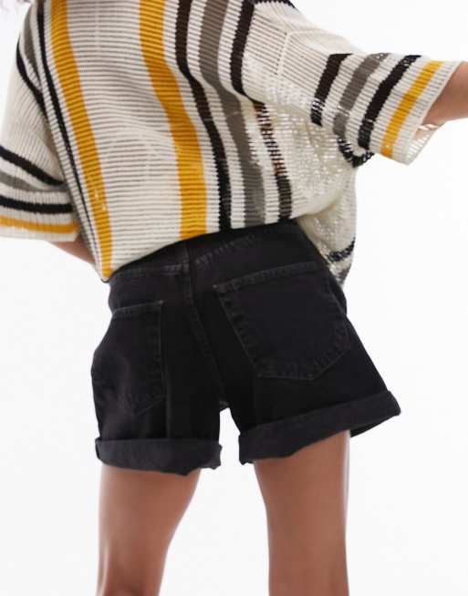 Topshop denim roll hem shorts in washed black, 4 of 5