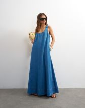 Topshop denim ruched maxi dress in mid blue