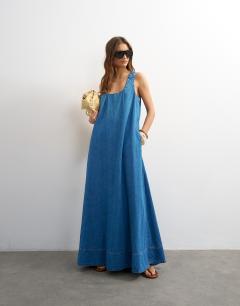 Denim ruched maxi dress in mid blue