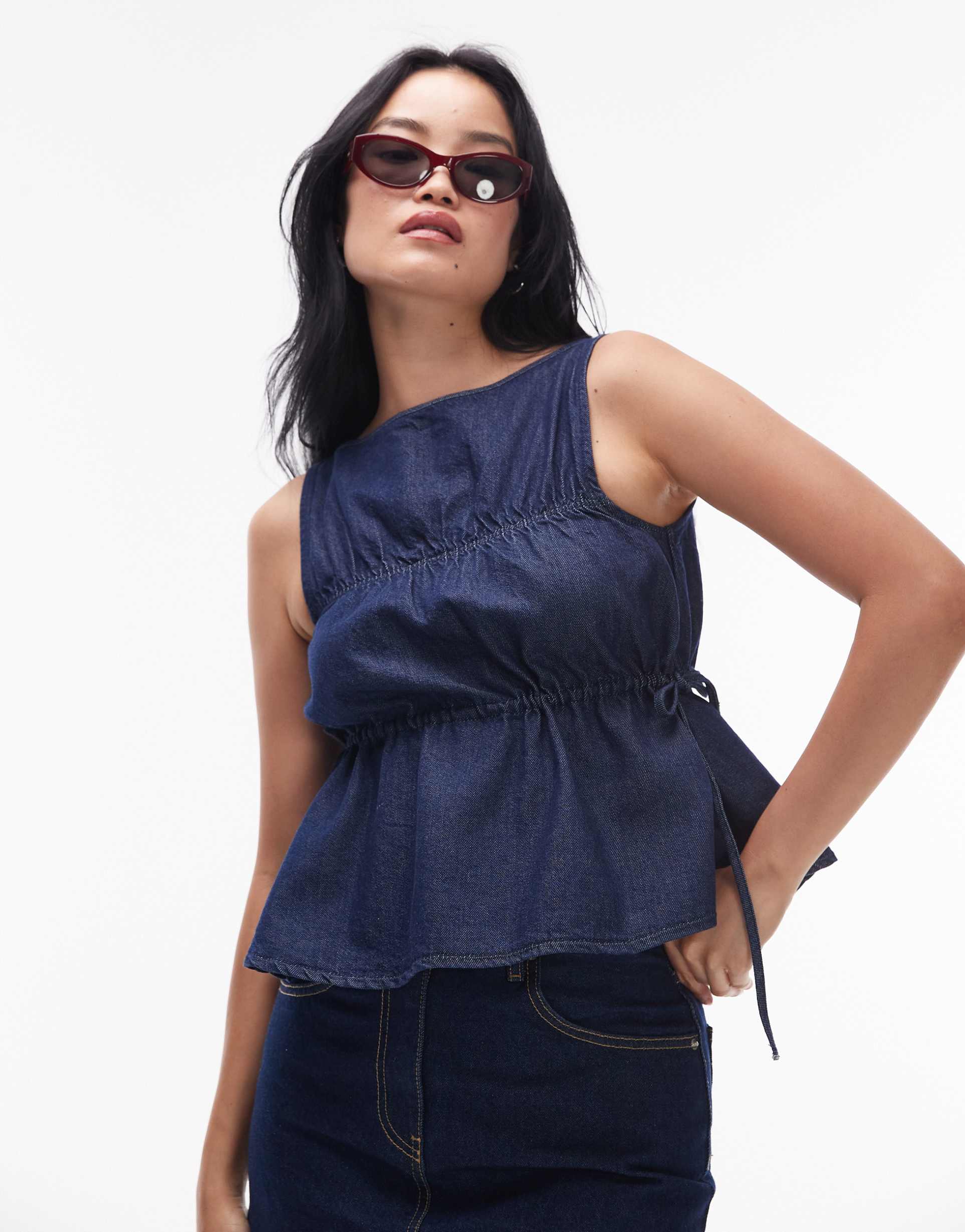 topshop denim ruched side top in indigo rinse
