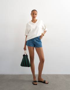 Model wearing Denim scout short in mid blue