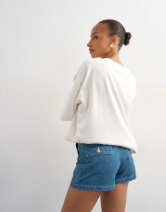 Model wearing Denim scout short in mid blue