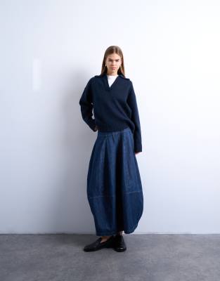 Topshop denim seamed barrel cut maxi skirt in rich blue