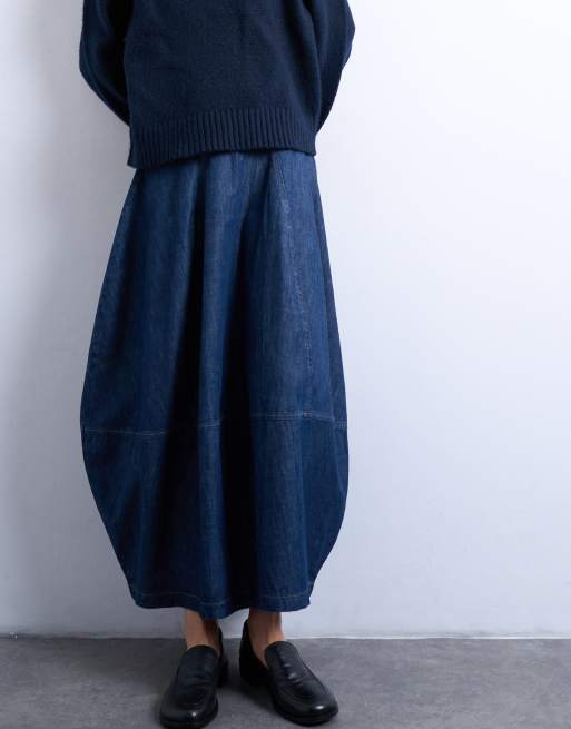 Topshop denim seamed barrel cut maxi skirt in rich blue