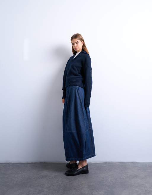 Topshop denim seamed barrel cut maxi skirt in rich blue