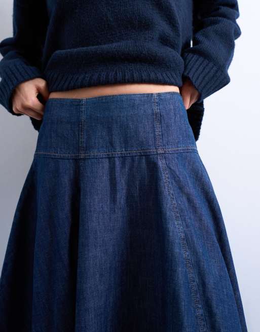 Topshop denim seamed barrel cut maxi skirt in rich blue
