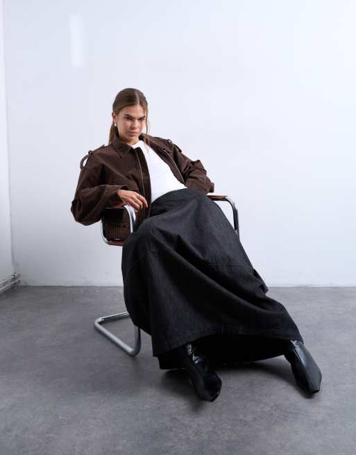 Topshop denim seamed barrel fit maxi skirt in black