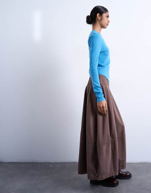 Topshop denim seamed barrel fit maxi skirt in otter, 5 of 5