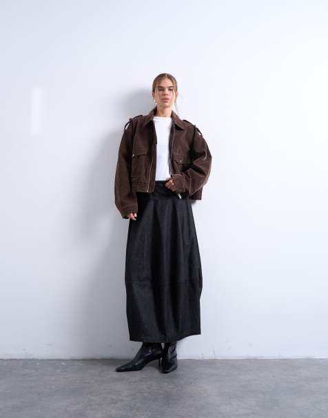 Topshop denim seamed barrel maxi skirt in black - view 1