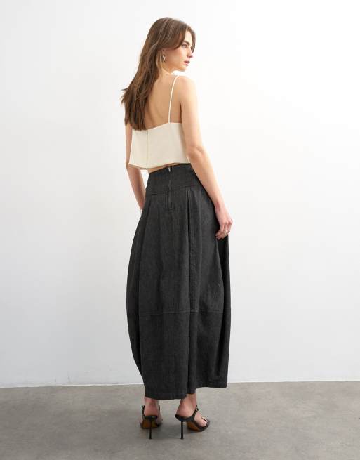 Topshop denim seamed barrel maxi skirt in black, 2 of 5