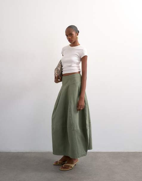 Topshop denim seamed barrel maxi skirt in khaki - view 1