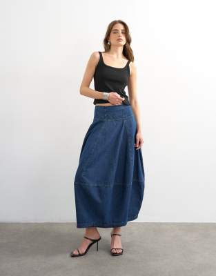 Denim seamed barrel maxi skirt in rich blue