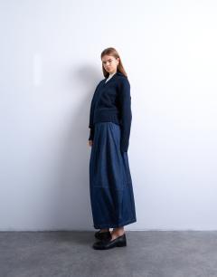 Model wearing Denim seamed barrel maxi skirt in rich blue