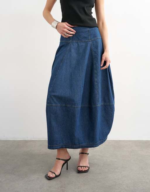 Topshop denim seamed barrel maxi skirt in rich blue, 3 of 5