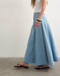 Model wearing Denim seamed circle skirt in bleach