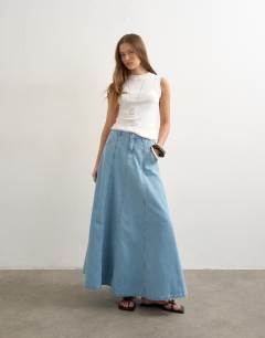Model wearing Denim seamed circle skirt in bleach