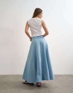 Model wearing Denim seamed circle skirt in bleach