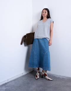 Denim seamed circle skirt in mid blue
