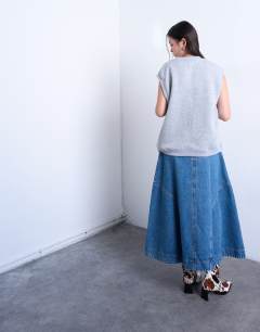 Model wearing Denim seamed circle skirt in mid blue