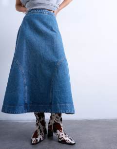 Model wearing Denim seamed circle skirt in mid blue