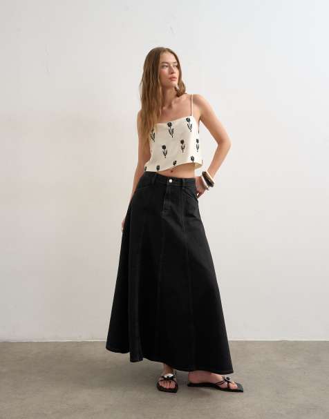 Topshop denim seamed circle skirt in washed black - view 1