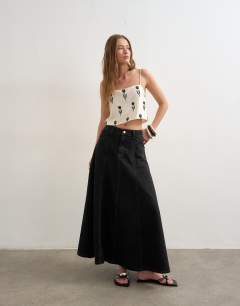 Denim seamed circle skirt in washed black