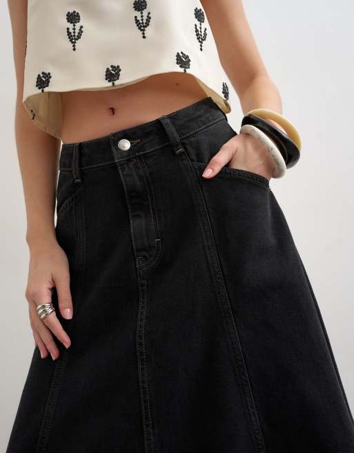 Topshop denim seamed circle skirt in washed black, 2 of 5