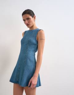 Denim seamed flippy mini dress in mid blue