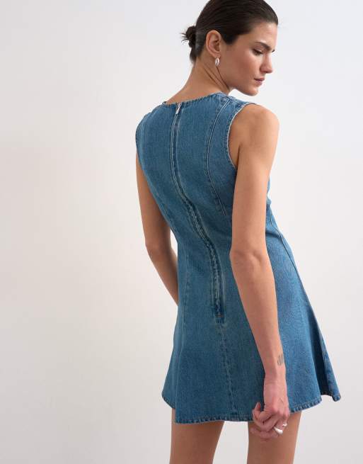 Topshop denim seamed flippy mini dress in mid blue, 3 of 4