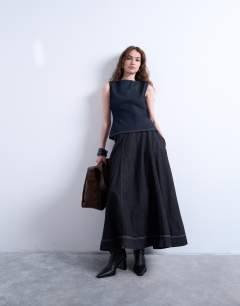 Denim seamed full midi skirt in washed black
