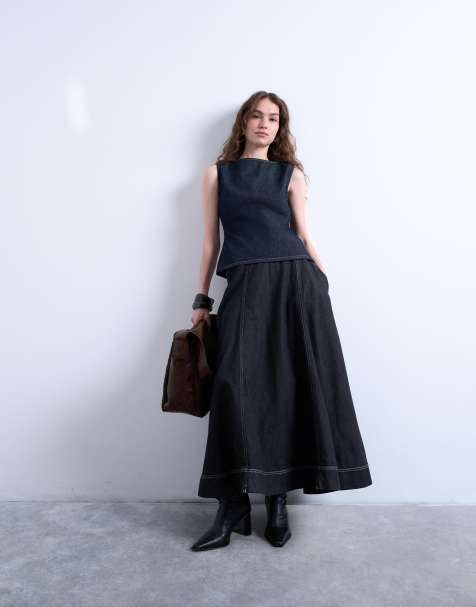 Topshop denim seamed full midi skirt in washed black