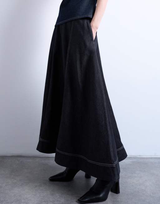 Topshop denim seamed full midi skirt in washed black
