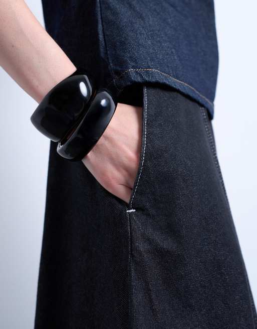 Topshop denim seamed full midi skirt in washed black