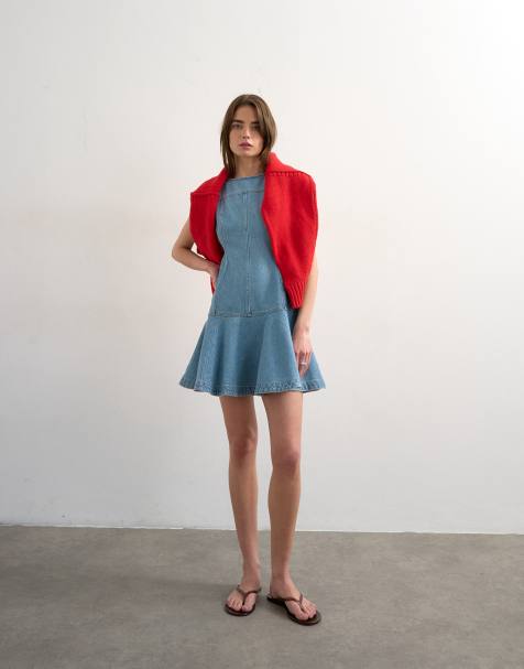 Topshop denim seamed mini dress in bleach