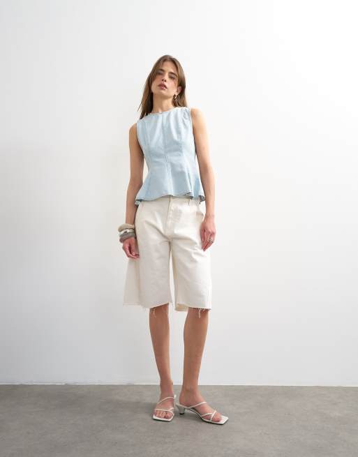 Topshop denim seamed peplum top in bleach, 2 of 4