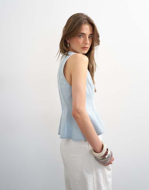 Topshop denim seamed peplum top in bleach, 3 of 4