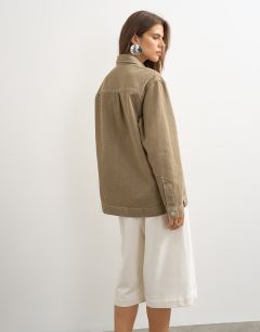 Model wearing Denim shacket in beige