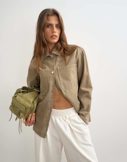 Topshop denim shacket in beige, 4 van 4