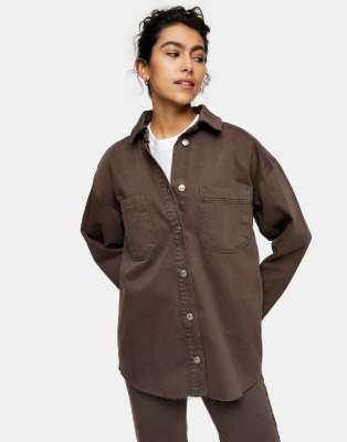 Topshop denim shacket in brown - ASOS Price Checker