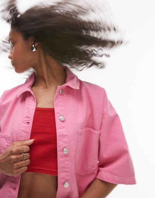 Topshop denim shacket in hot pink , 3 of 4