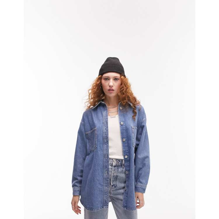 Topshop denim shacket in mid blue