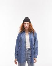 Topshop denim shacket in mid blue | ASOS