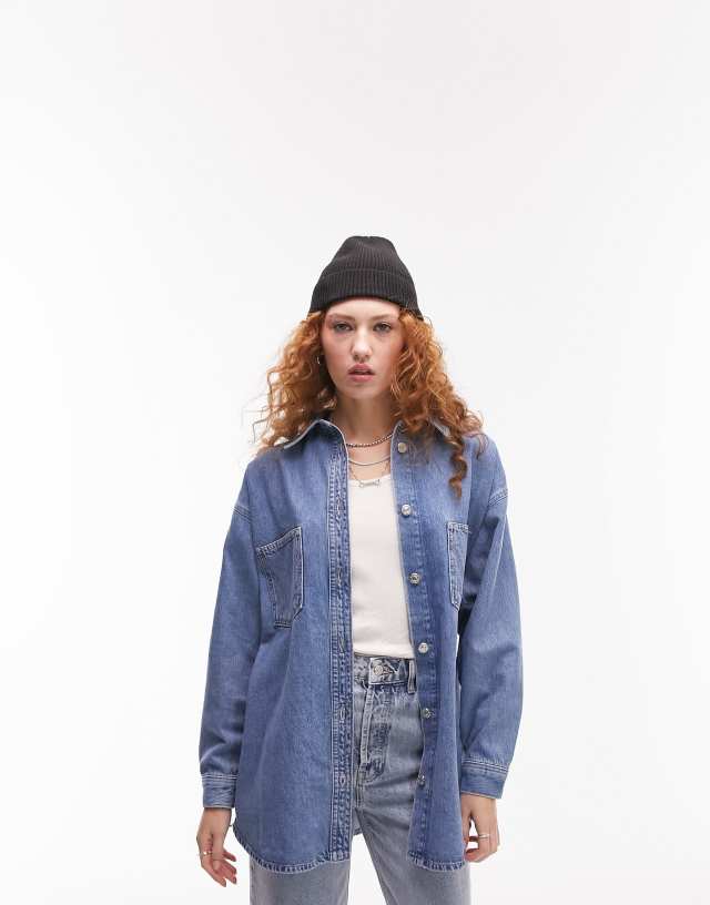 Topshop denim shacket in mid blue