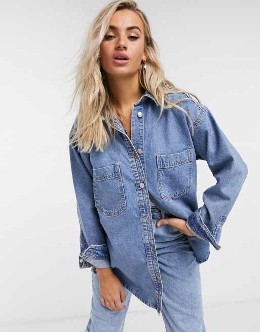 Topshop Denim Shacket in Mid denim | ASOS