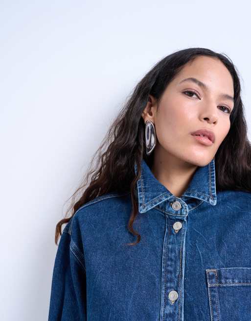 Topshop denim shacket in rich indigo, 3 of 4