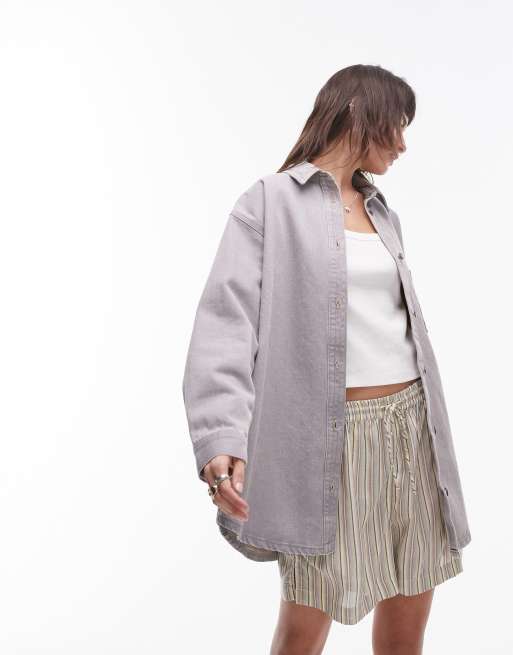Topshop - Denim shacket in zandstorm grijs