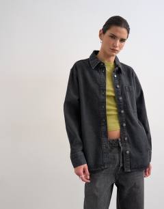 Denim shacket with side panel in washed black